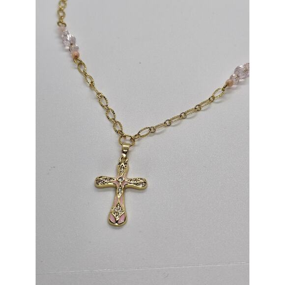 Handmade Pink Cross Necklace Gothic Enamel CZ Charm Adjustable Gold-Plated Chain - Picture 4 of 5